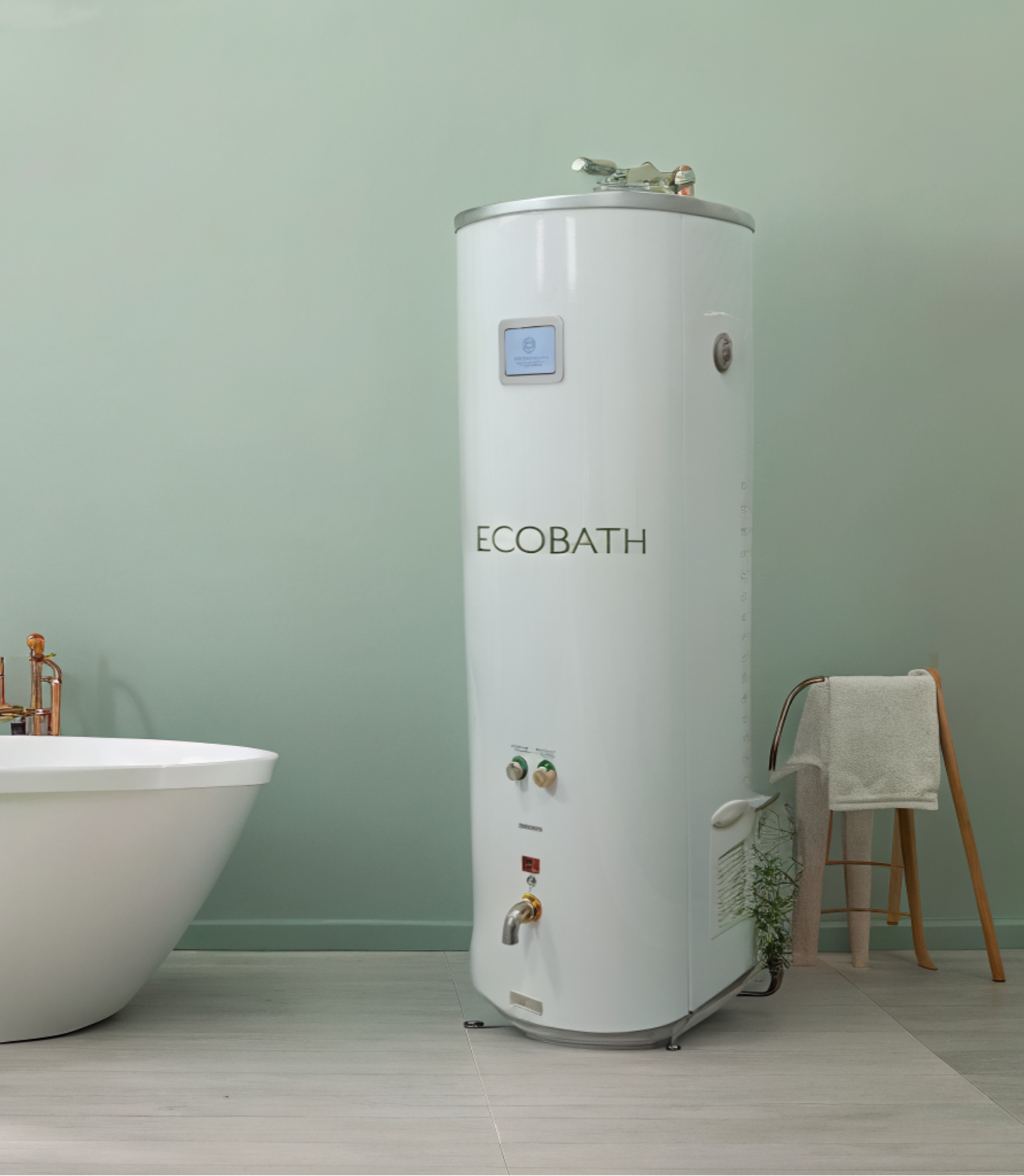 Woman relaxing in a bathtub with a large water heater labeled 'ECOBATH' in the background.